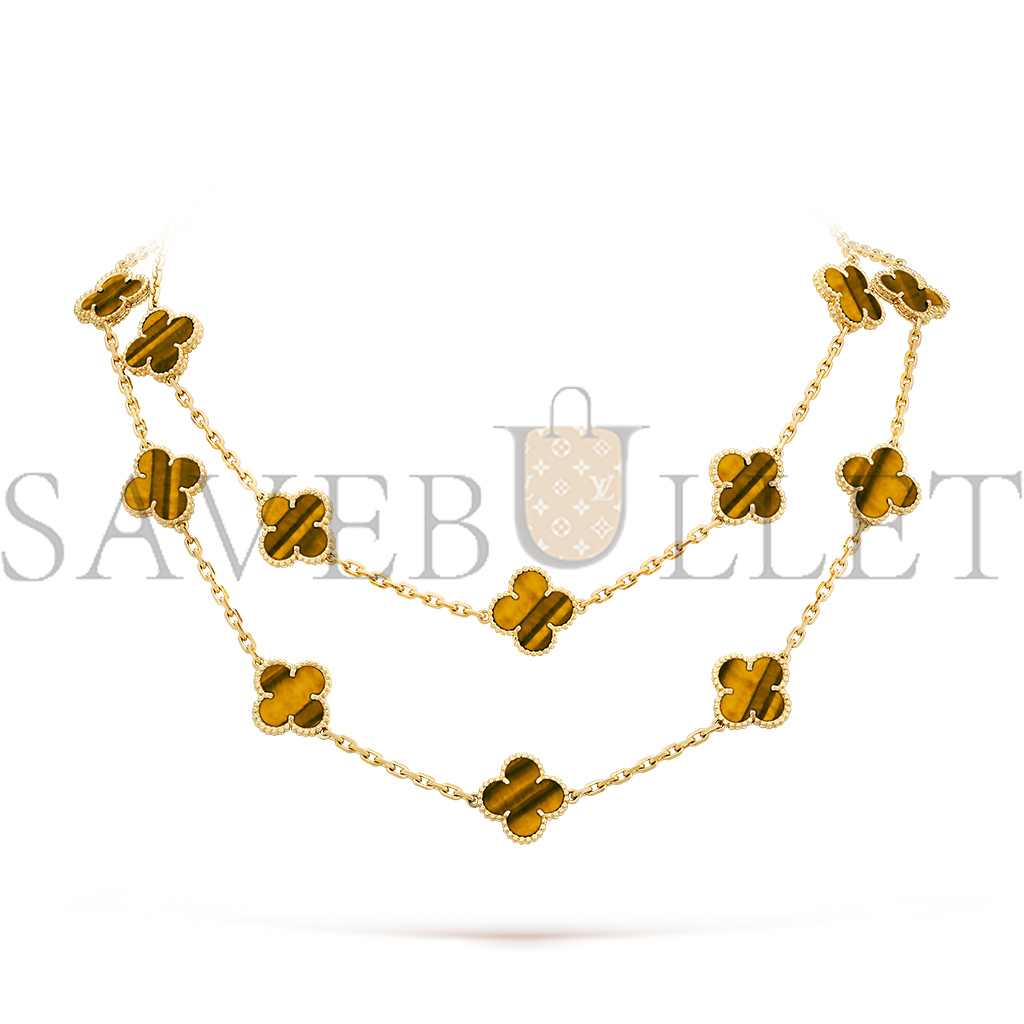 VAN CLEEF ARPELS VINTAGE ALHAMBRA LONG NECKLACE, 20 MOTIFS - YELLOW GOLD, TIGER EYE  VCARD39900